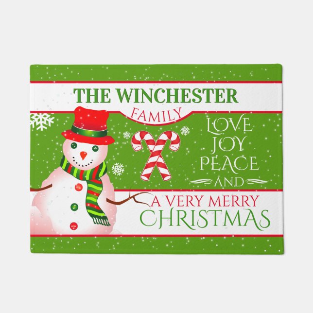 FUN Snowman in Red Hat and Scarf | GREEN Christmas Doormat (Front)