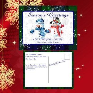 Fun Snowmen Season's Greetings Black Watch Tartan Holiday Postcard