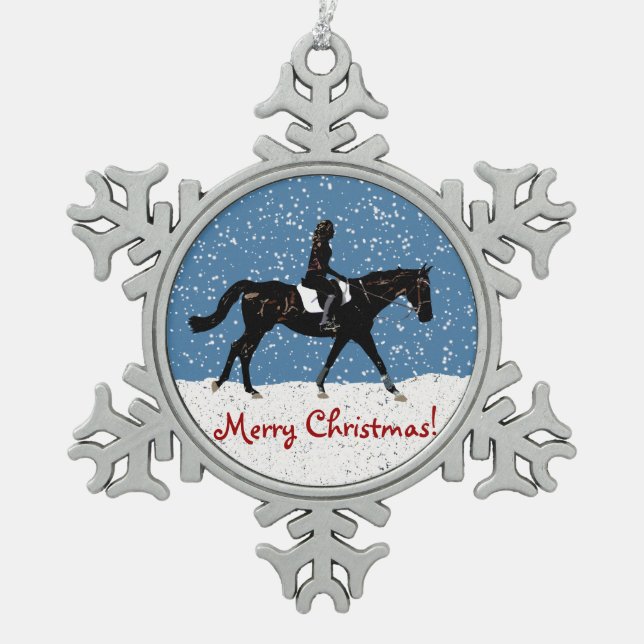 Fun snowy equestrian horse Christmas Snowflake Pewter Christmas Ornament (Front)