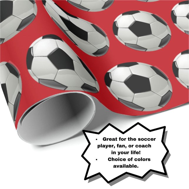 Fun Soccer Ball Pattern on Red Wrapping Paper (Choice of colors available.)