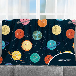 Fun Solar System Planets Pattern for Kids Blue Fleece Blanket