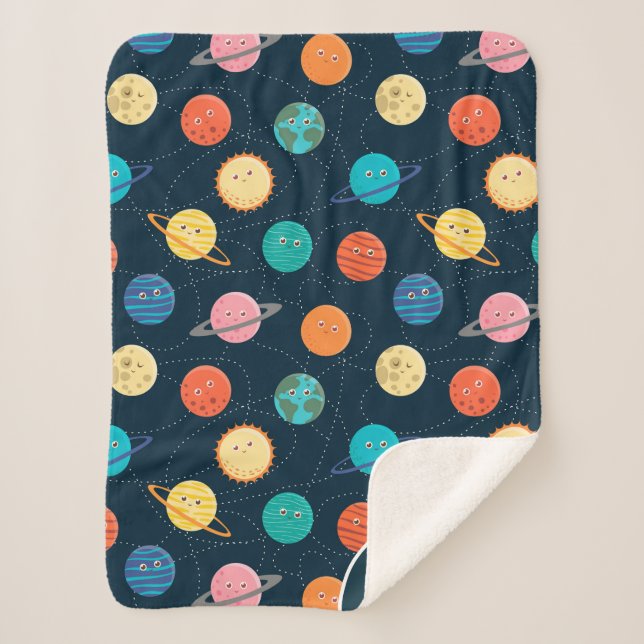 Fun Solar System Planets Pattern for Kids Blue She Sherpa Blanket (Front)