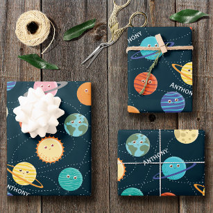 Fun Solar System Planets Pattern for Kids Blue Wra Wrapping Paper Sheet