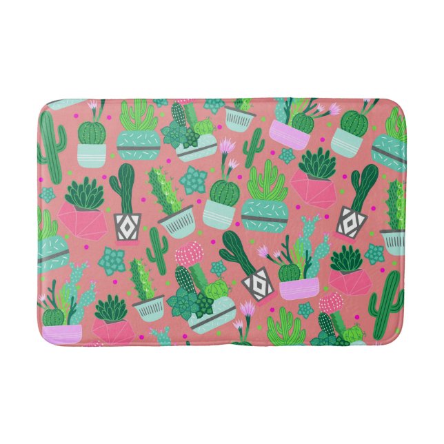 Fun Southwestern Cute Girly Pink Cactus Pattern Bath Mat (Front)