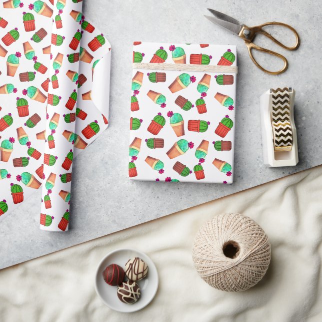 Fun Southwestern Flowering Potted Cactus Pattern Wrapping Paper (Crafts)