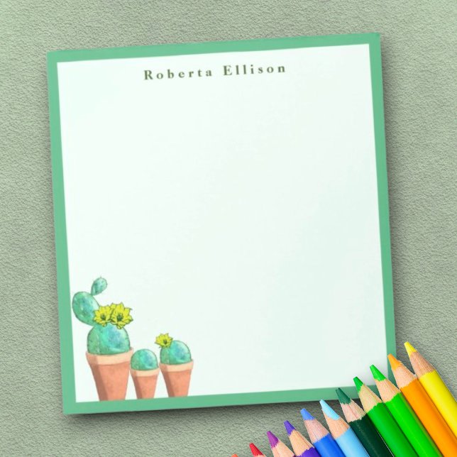 Fun Southwestern Potted Cactus Flowers Custom Notepad (green border personalized notepad)