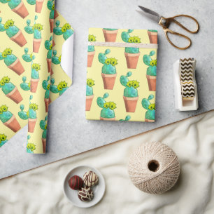 Fun Southwestern Yellow Flowering Potted Cactus Wrapping Paper