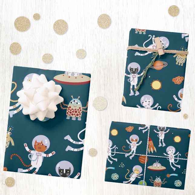 Fun Space Cat Astronaut Pattern Wrapping Paper Sheet (Fun space themed kitty cat astronaut pattern gift wrapping paper sheets)