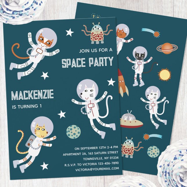 Fun Space Cats First Birthday Party Invitation (Fun space themed cat astronaut kids first birthday party invitations)