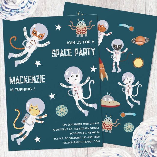Fun Space Cats Kids Birthday Party Invitation (Fun space party cat astronaut personalized kids birthday party invitation)