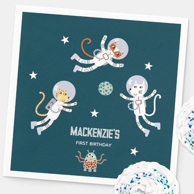 Fun Space Cats Personalised First Birthday Party Napkin (Fun personalized kids name space cat themed first birthday party paper napkins)