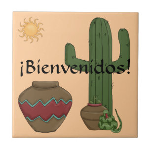 Fun Spanish Welcome Southwestern Desert Scene Ceramic Tile