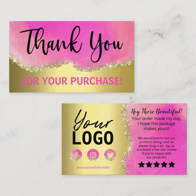 Fun Sparkly Pink Agate Thank You Purchase Business Card (Front/Back)
