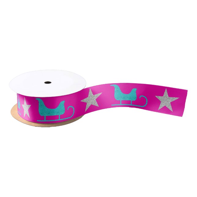 Fun Sparkly Pink Silver Star Santa Shiny Glitter  Satin Ribbon (Spool)