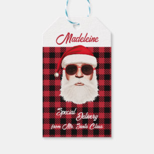 Fun Special Delivery Santa Red Black Buffalo Plaid Gift Tags