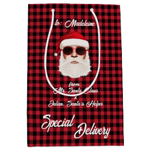 Fun Special Delivery Santa Red Black Buffalo Plaid Medium Gift Bag