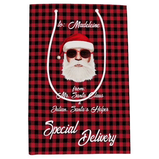 Fun Special Delivery Santa Red Black Buffalo Plaid Medium Gift Bag (Front)