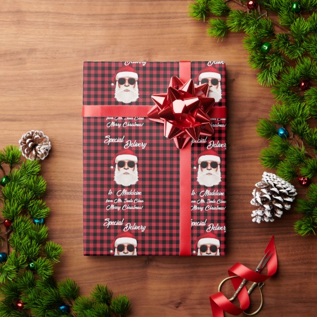 Fun Special Delivery Santa Red Black Buffalo Plaid Wrapping Paper (Holiday Gift)