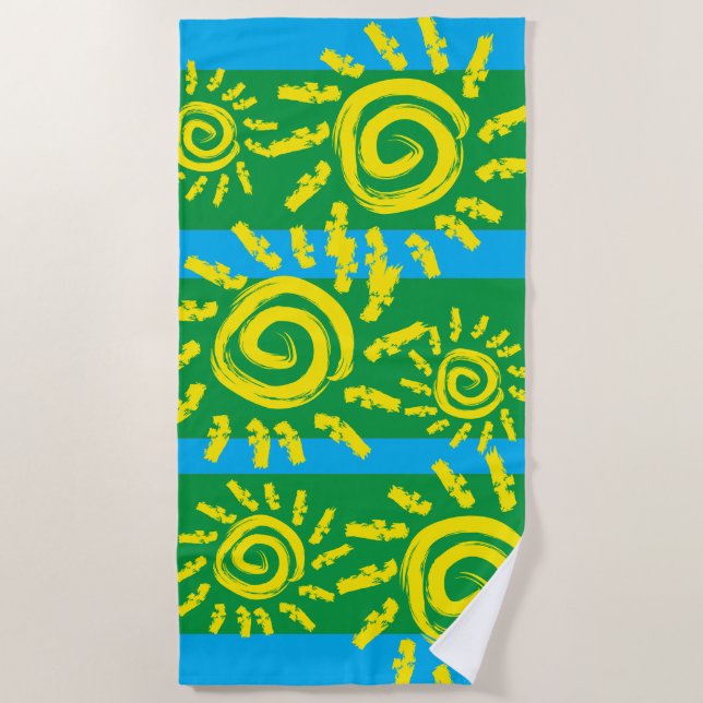 Fun Spiral Sun on Green Beach Towel (Front)