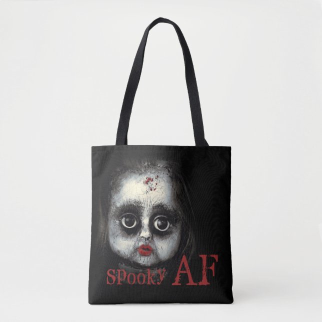 Fun Spooky AF Creepy Goth Doll Face Halloween Tote Bag (Front)