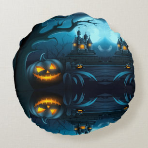 Fun Spooky Decor with Pumpkins,Ghosts & Witch Hats Round Cushion