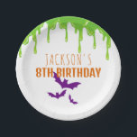Fun Spooky Halloween Kids Birthday Party Paper Plate<br><div class="desc">Are you searching for spooky Halloween birthday party paper plates that will give your guests goosebumps? Look no further than these paper plates featuring green slime and purple bats. Use the design tools to personalise the text,  font and colours.</div>