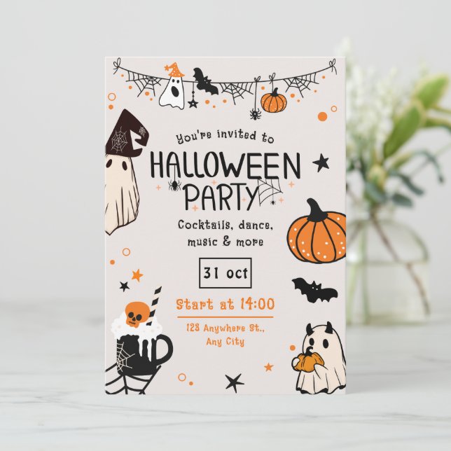 Fun Spooky Orange and Black Halloween Party Invitation (Standing Front)