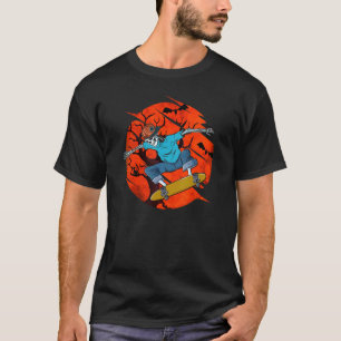 Fun Spooky SK8R Skeleton Bats And Black Cat Design T-Shirt