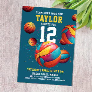 Fun Sport Cool Colourful Basketball Birthday Invitation
