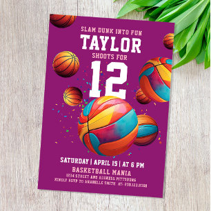 Fun Sport Cool Girl Purple Pink Basketball Bday  Invitation