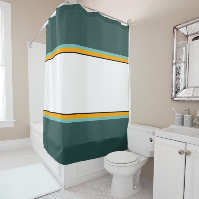 Fun Sporty 70s Orange White Teal Racing Stripes Shower Curtain (In Situ)