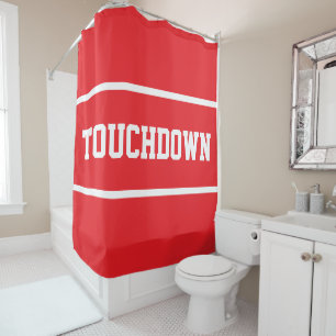Fun Sporty Bright Red TOUCHDOWN White Text Stripes Shower Curtain