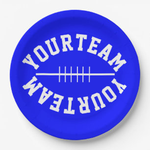Fun Sporty Football Shape YOUR TEAM On Bright Blue Paper Plate