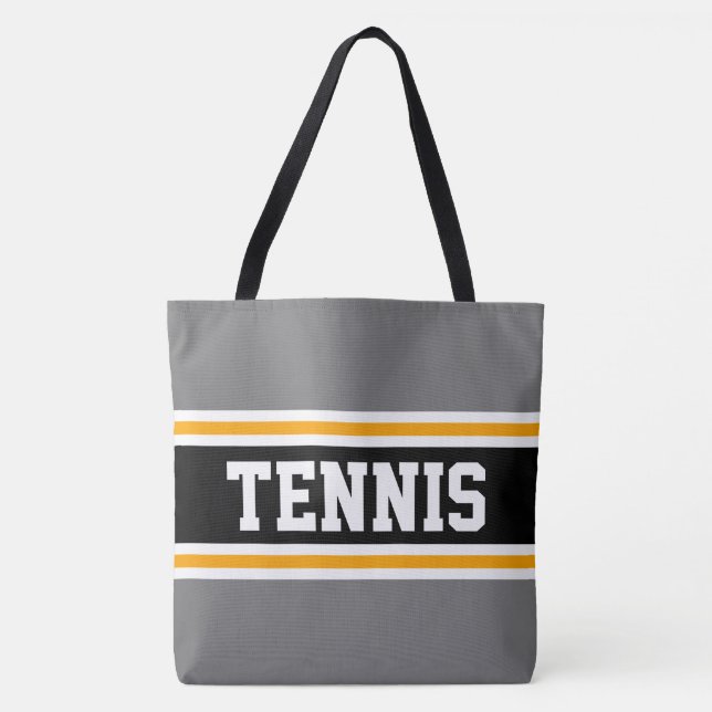 Fun Sporty Grey Black White Orange TENNIS Stripes Tote Bag (Front)