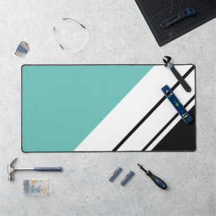 Fun Sporty Light Teal Black White Racing Stripes Desk Mat