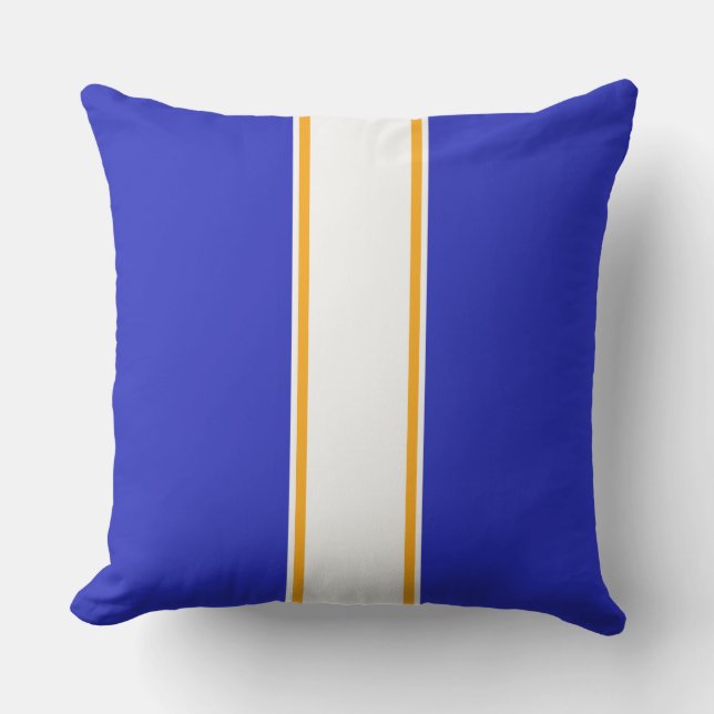 Fun Sporty Royal Blue White Yellow Racing Stripes Cushion (Front)