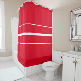 Fun Sporty White Racing Stripes On Bold Bright Red Shower Curtain
