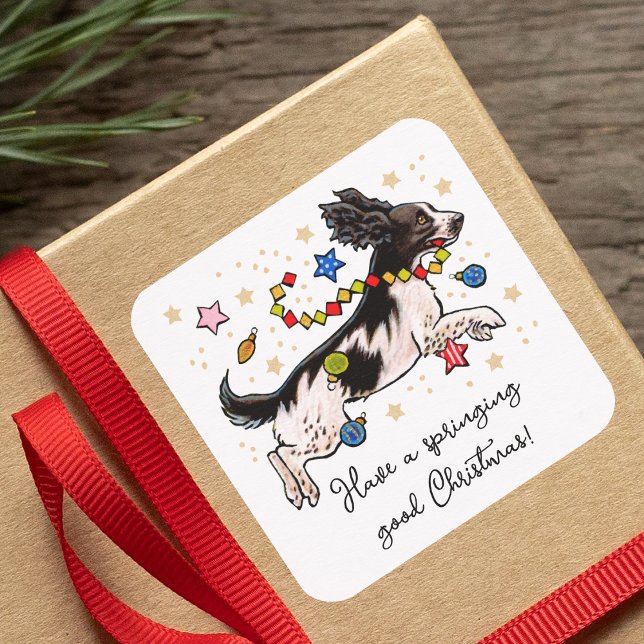 Fun Springer Spaniel Dog Leaping Puppy Christmas Square Sticker (Creator Uploaded)