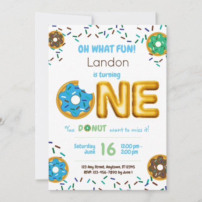 Fun Sprinkles Doughnut Doughnut Boy 1st Birthday Invitation (Front)