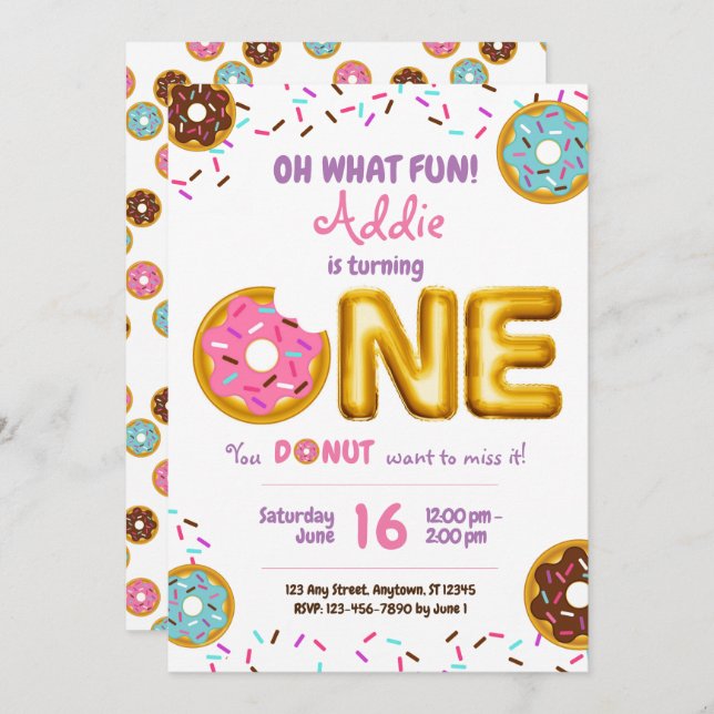 Fun Sprinkles Doughnut Doughnut Girl 1st Birthday Invitation (Front/Back)