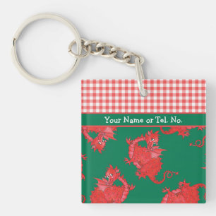 Fun Square Keyring to Personalise: Cute Red Dragon
