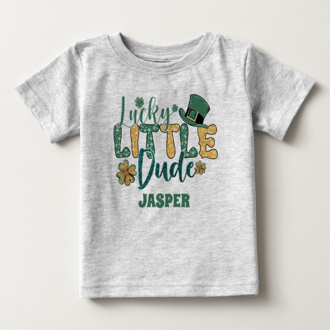 Fun St Patricks Day Lucky Dude Glitter Green Text Baby T-Shirt (Front)