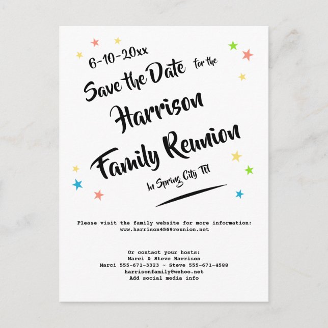 Fun Stars Family Reunion or Party Save the Date Announcement Postcard (Front)