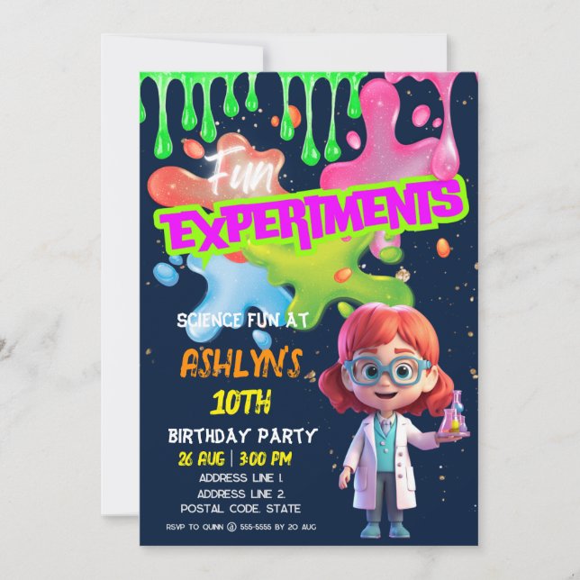 Fun STEM Lab Redhead Girl Scientist Birthday Party Invitation (Front)
