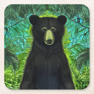 Fun Storybook Little Black Bear Square Paper Coaster