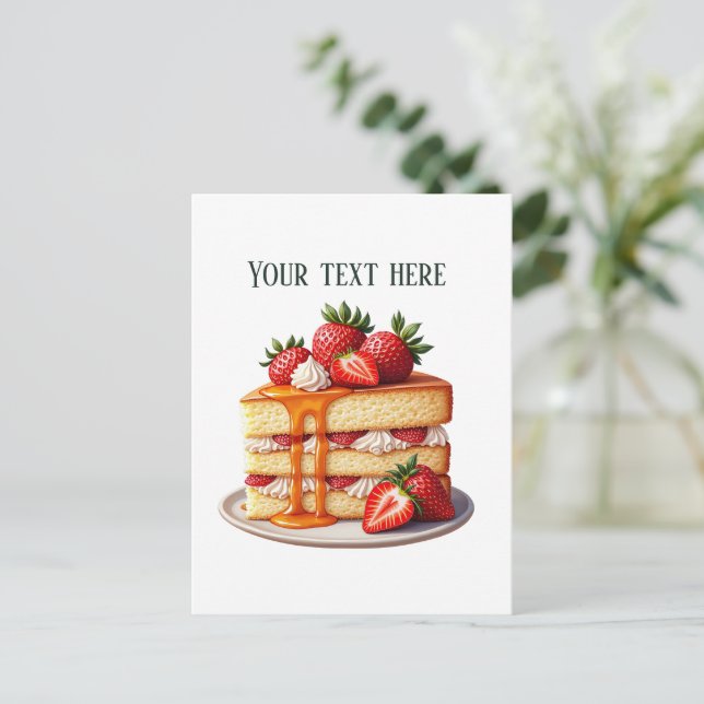 Fun strawberry cake bakery customisable postcard (Standing Front)