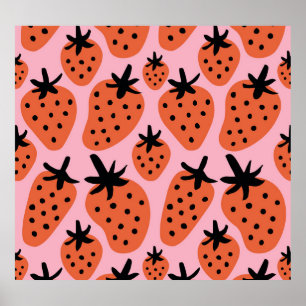 Fun strawberry, hand-drawn seamless design. poster