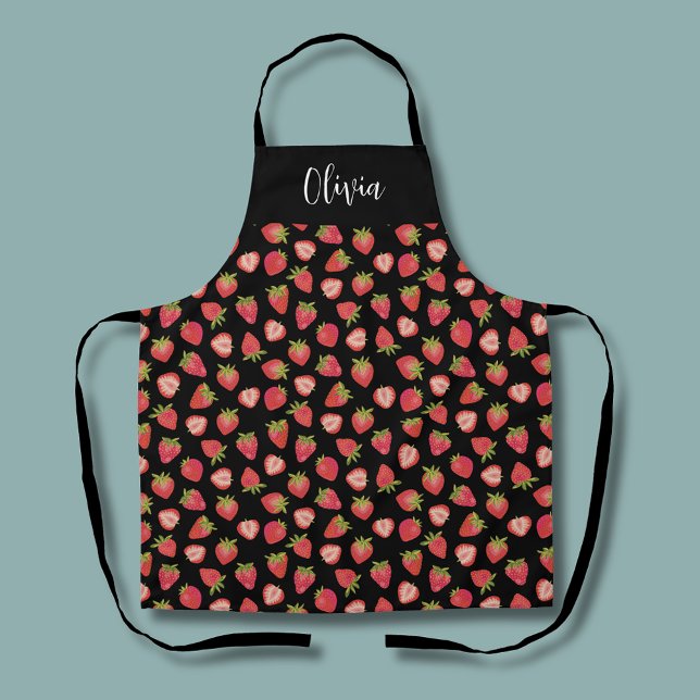 Fun strawberry pattern apron (Strawberry pattern personalized name apron.  Matching kitchen and homeware range available.)