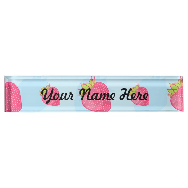 Fun Strawberry Pattern on Blue Nameplate (Front)
