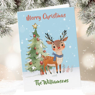 Fun Stylish Watercolor Reindeer Tree  Card